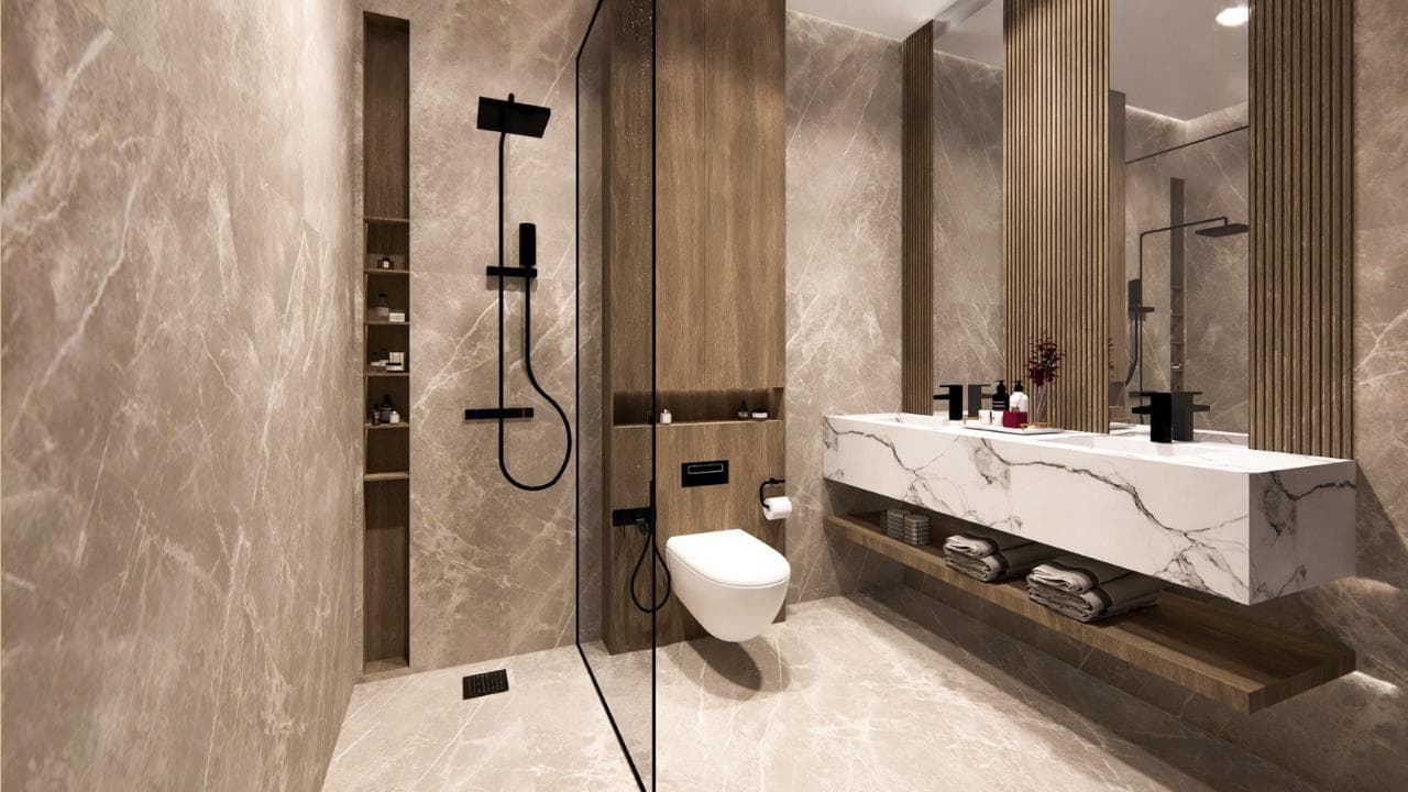 Salle de bain marbre & noyer